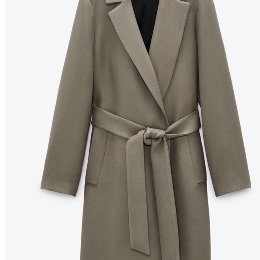 Zara Women's Long Belted Coat Olive Green XS